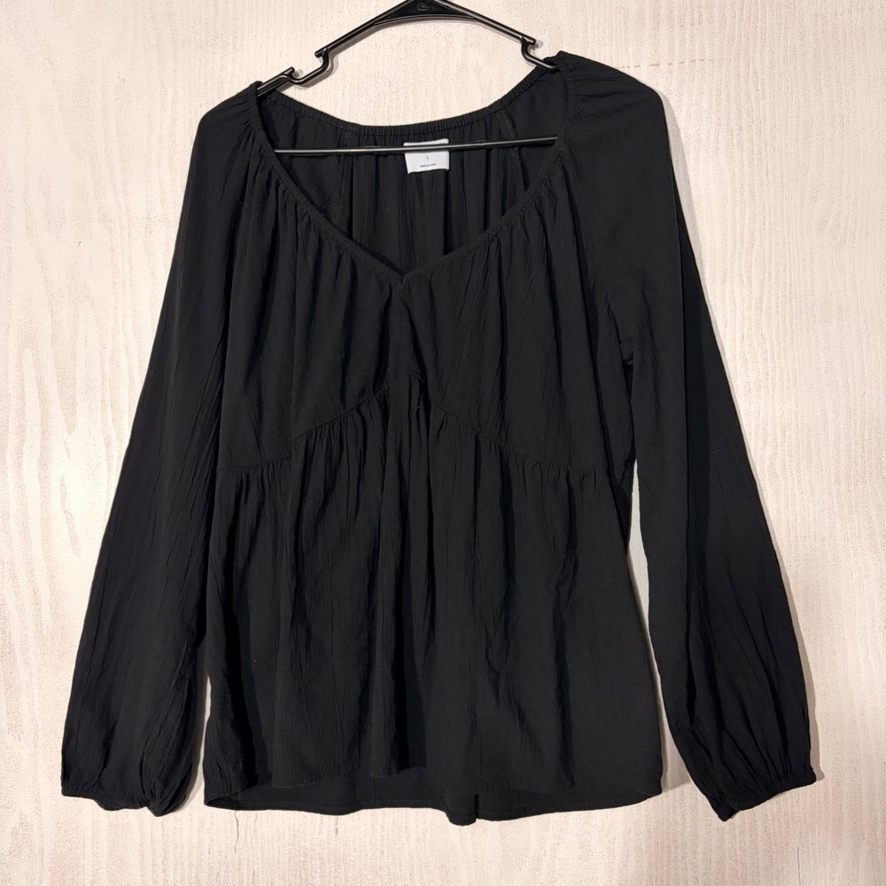 Old Navy Blouse Womens Large Black Babydoll Crinkle V-Neck Boho Top